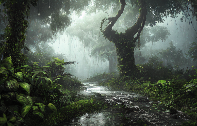 A jungle, with intense rainfall, monochromatic, vines all around, giant and wet trees, masterpiece, best quality, high qua...
